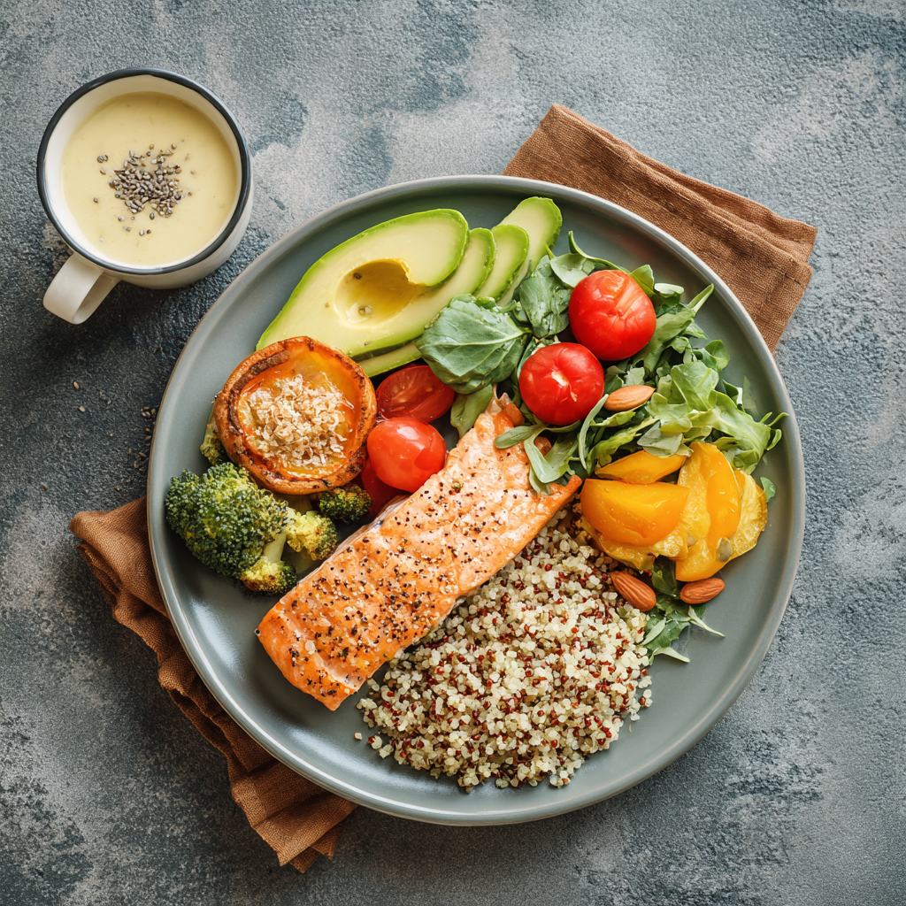 Balanced healthy meal prepared by nutritionist for adult client